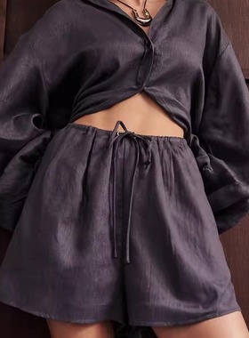 dissh深蓝色亚麻短裤宽松休闲时尚百搭系带抽绳裤子