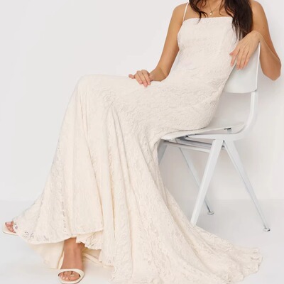 Reformation同款白色蕾丝吊带连衣裙高级感名媛气质显瘦大摆长裙