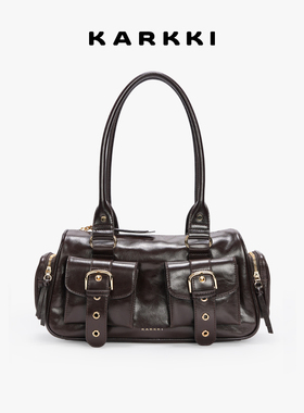 KARKKI/个奇头层牛皮复古多口袋波士顿保龄球包单肩腋下通勤女包