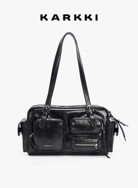 KARKKI/个奇头层牛皮多口袋设计复古保龄球机车包单肩手提腋下包