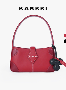 刘恋同款 KARKKI/个奇红色腋下包头层牛皮单肩手提手拎设计感女包