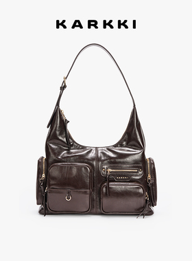 KARKKI/个奇头层牛皮复古多口袋机车包单肩腋下女包大容量托特包