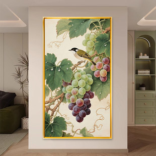 中式葡萄花鸟图十字绣客厅竖版满绣手工自绣玄关精准印花DIY制作