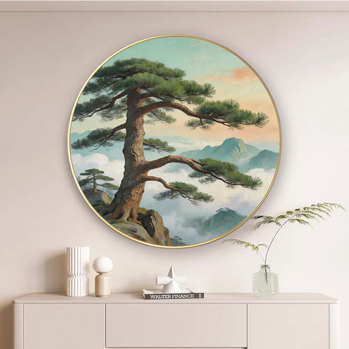 简约江山如画迎客松十字绣满绣2026新款卧室挂画小件圆形线绣全绣