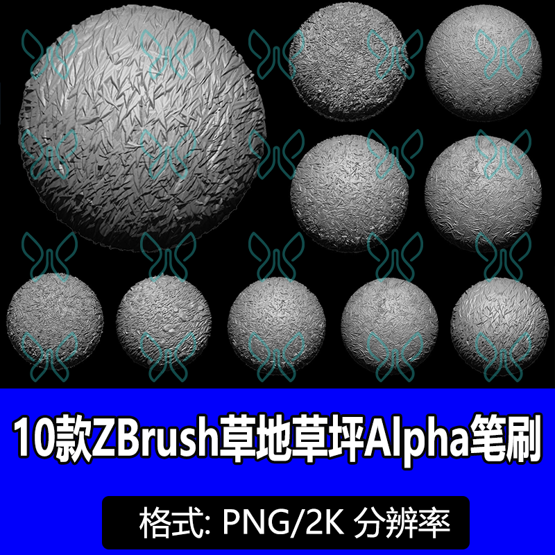 zbrush草地草叶子植物小草叶Alpha雕刻笔刷zb树木纹理细节画笔2K