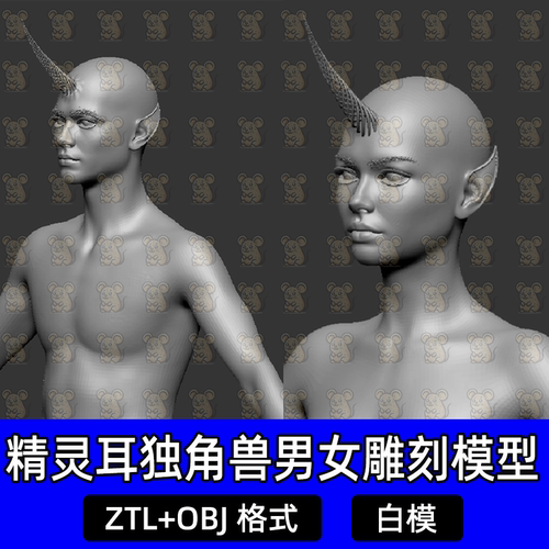 ZBrush奇幻精灵独角兽兽耳尖耳男女人物ZTL高精度雕刻3D模型OBJ
