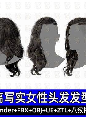 3DScanStore写实毛发女性插片发卡头发型3D模型blend fbx UE八猴