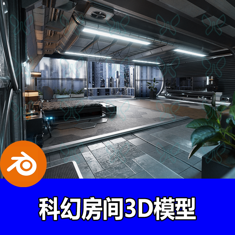 Blender赛博朋克房间科幻建筑模型简约卧室桌子电脑椅子家具场景