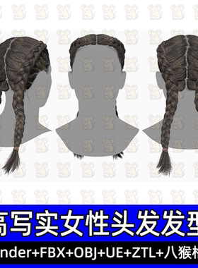 3DScanStore写实毛发女性插片头发麻花辫3D模型blender fbx UE