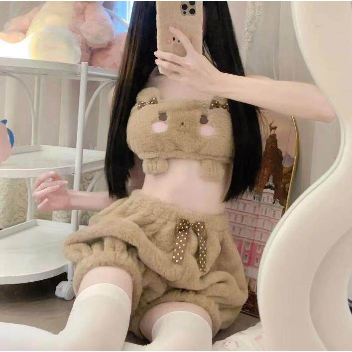 可爱内衣动画图案肩带日系软妹粉色黑色牛奶丝毛绒抹胸文胸套装