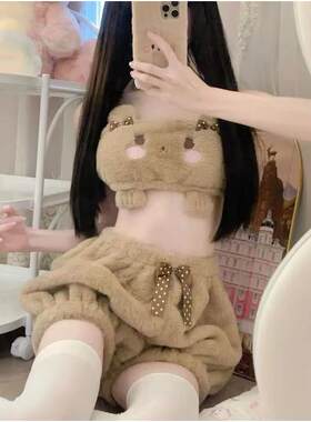 可爱内衣动画图案肩带日系软妹粉色黑色牛奶丝毛绒抹胸文胸套装