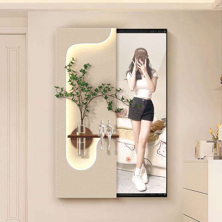 奶油风玄关推拉镜装饰画立体水培绿植led壁灯画隐藏式全身镜挂画