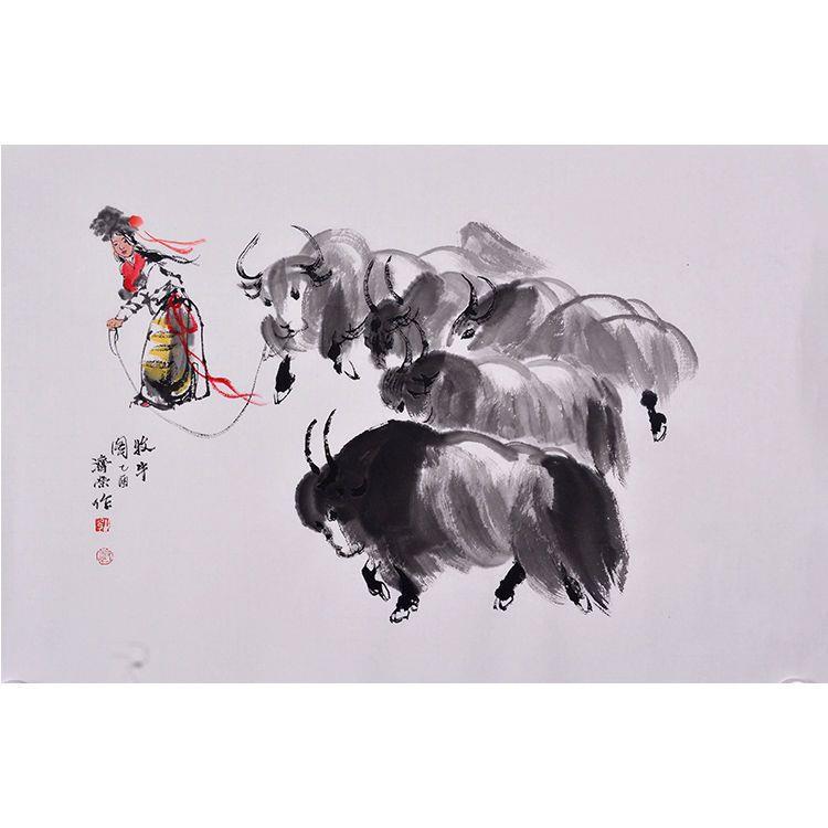 牧牛图刘济荣国画水墨画纯手绘字画 岭南名家动物牛画十二生肖