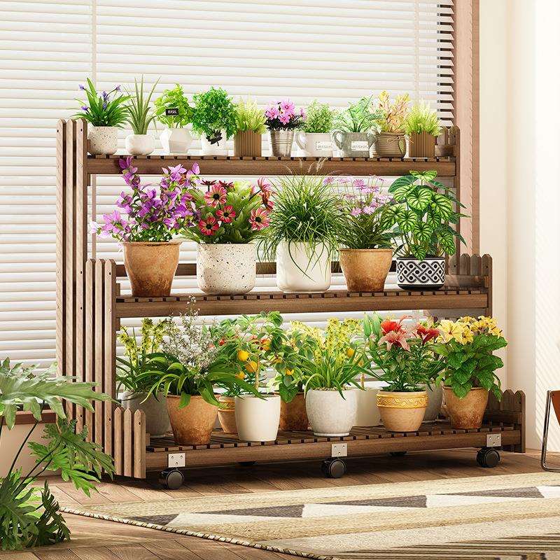 实木花架田园风可移动置物架阳台客厅落地式阶梯式多层植物花托架