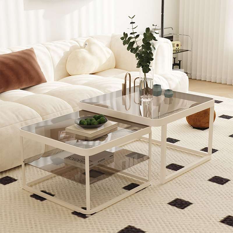 法式奶油风发光玻璃茶几轻奢现代子母小方桌组合桌客厅家用小户型