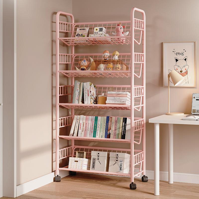儿童书架铁艺置物架靠墙边储物架落地可移动折叠带轮架子书桌旁
