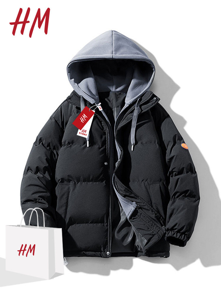 HM 겨울 가짜 투피스 코튼 재킷 남성의 새로운 트렌디 브랜드 따뜻하고 두꺼운 코튼 재킷 후드 루즈한 겨울 코트 플러스 벨벳
