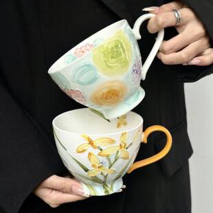 手绘创意花杯卉瓷马克杯高颜值伴手陶礼咖啡家用早杯大餐容量杯子