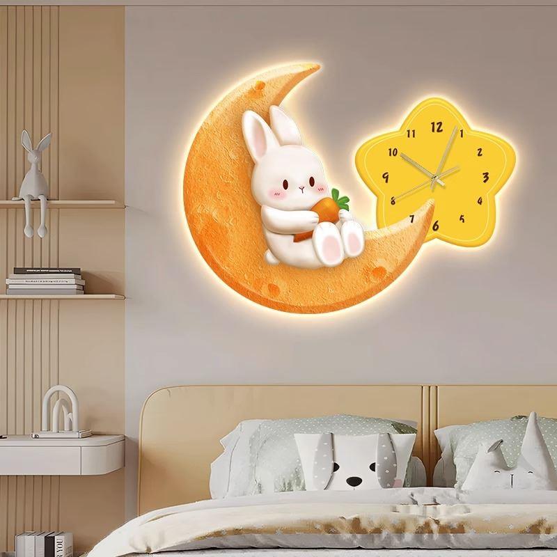 卧室床头led灯画儿童房装饰画女孩房间创意壁画卡通兔子钟表挂画图片