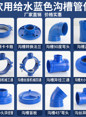 卡箍式蓝色给水沟槽转换法兰镀锌饮用自来水管道短管法兰盘片配件