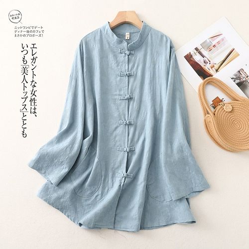 速发中式松古棉麻提花春季外搭中长款茶服开衫宽复大码长袖上衣