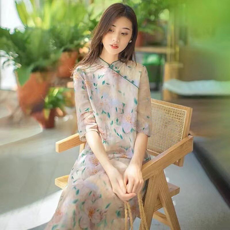 速发复古苎麻连衣裙夏袍2024新良改款旗装宽松棉麻装裙子