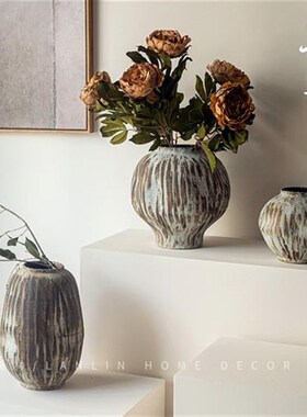 速发纹德镇侘寂风复古禅意粗陶罐手绘条景新肚式大中花瓶民宿陶瓷