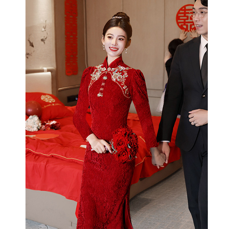速发旗门敬酒服回便订婚服结婚当天新娘袍装酒红色裙子小个子中式