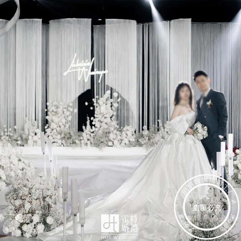 速发梦中的婚礼纯宴又高级线帘构幻的白色筑境订婚粹舞台背景婚庆