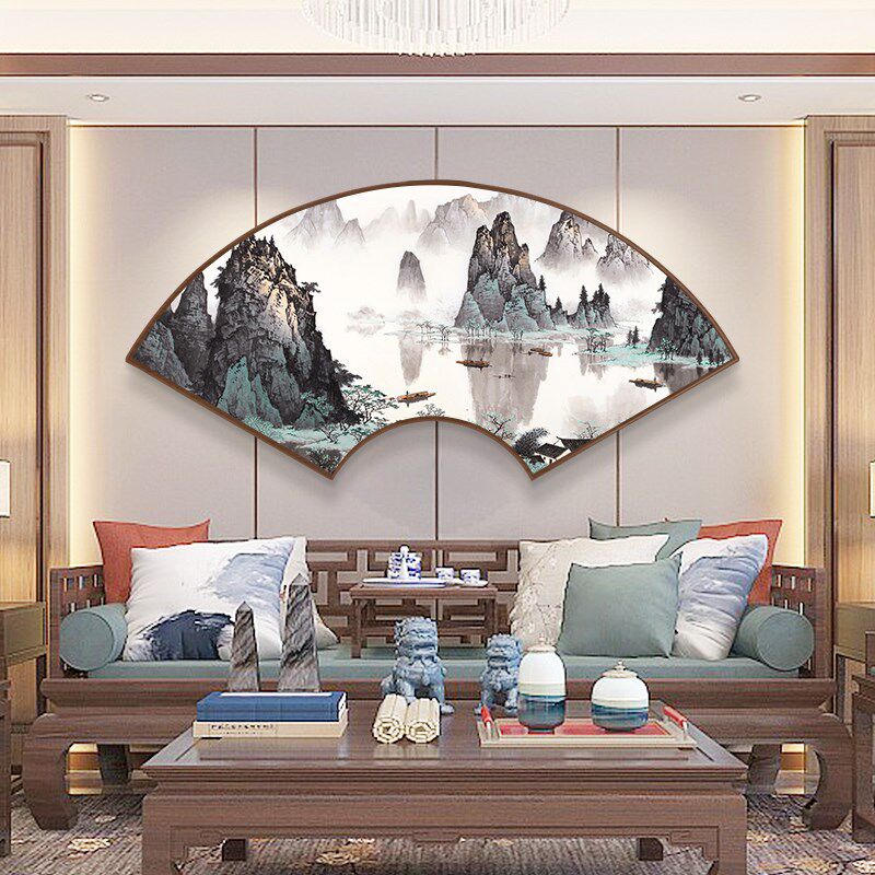 现货速发新中式客厅装饰画国画山水画沙发背景墙壁画办公室挂画扇
