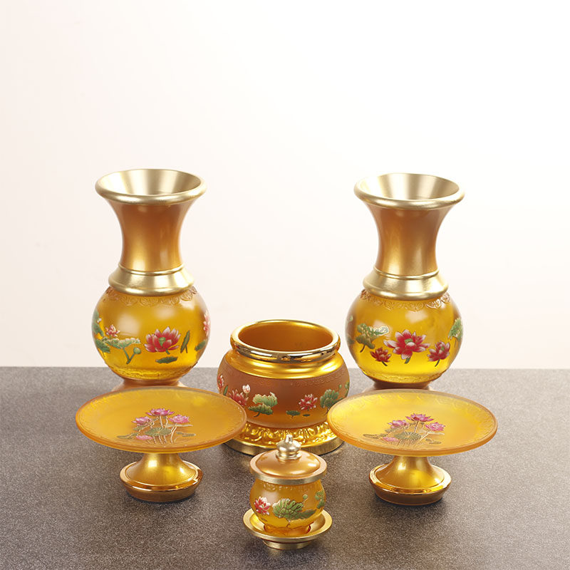 现货琉璃佛前供佛仙堂莲s花套装佛具用品香炉水杯花瓶供果盘供灯