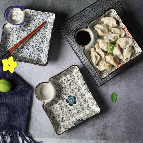 现货速发日式釉下彩陶瓷餐具简约水饺盘带醋碟创意盘子家用盘子碟