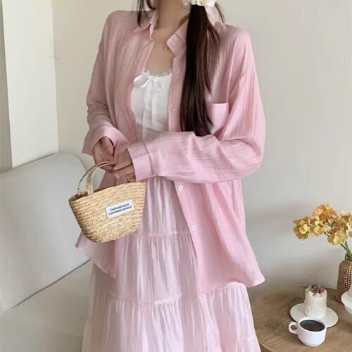 春夏薄款防晒衬衫天丝皱百搭宽松外穿女士打底衫女白色冰感上衣