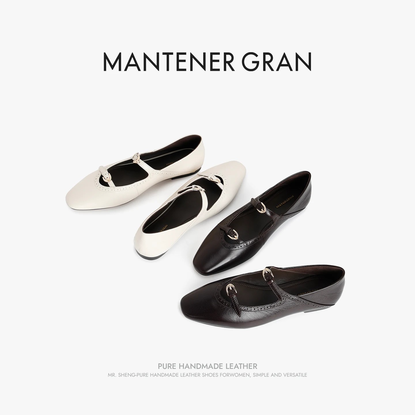 MantenerGran复古方头双扣带玛丽珍鞋女蜡感羊皮平底单鞋 MG女鞋图片