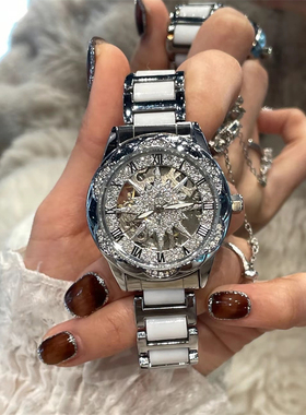 五芒星白色陶瓷手表女山茶花纯机械表2024年新款女士轻奢小众镂空