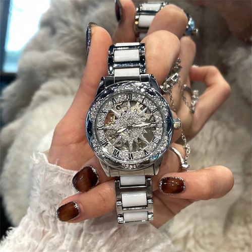 五芒星白色陶瓷手表女山茶花纯机械表2024年新款女士轻奢小众镂空