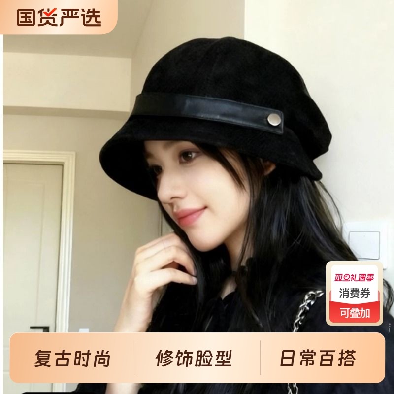 高级感灯芯绒渔夫帽女秋冬2025新款大头围帽子方圆脸显脸小贝雷帽