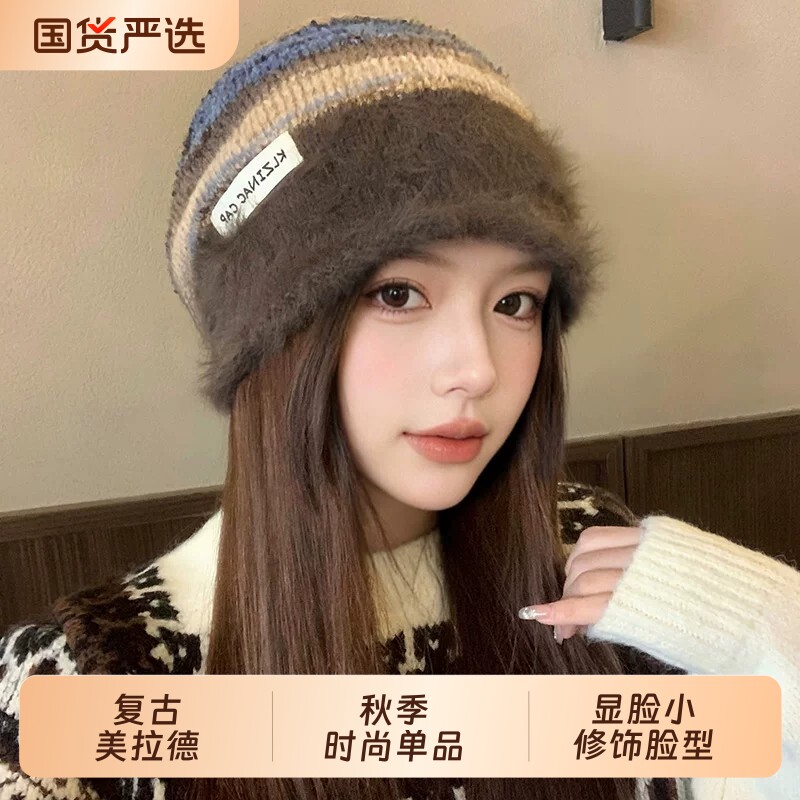 美拉德堆堆帽子女秋冬季大头围毛绒针织毛线帽加绒防寒保暖月子帽图片