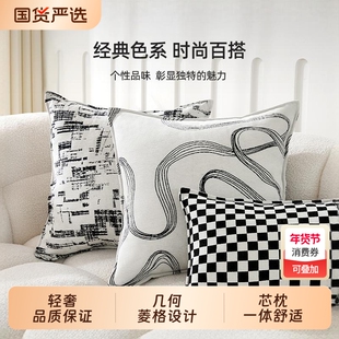 抱枕沙发客厅法式中古风靠枕高级感腰枕雪尼尔提花靠垫床头黑白