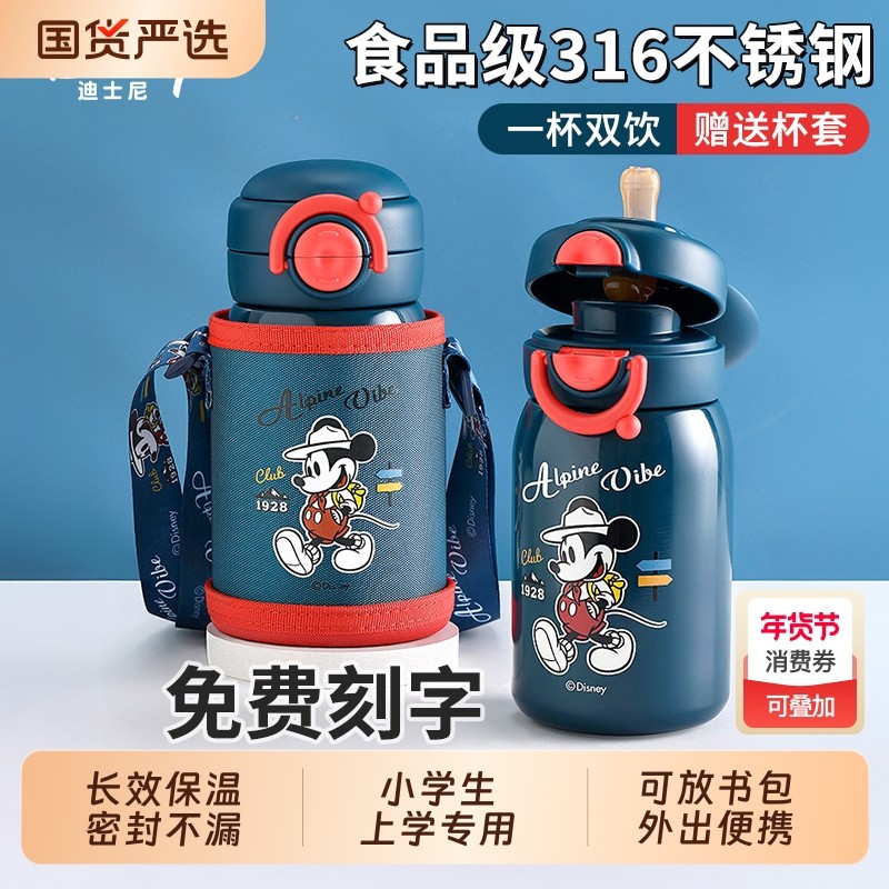迪士尼儿童保温杯男孩吸管水杯幼儿园小学生上学专用直饮水壶316