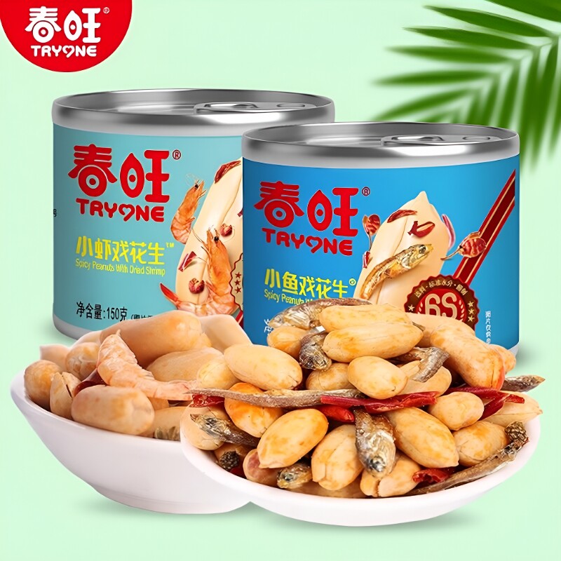 春旺花生米麻辣小鱼干小虾花生零食山东特产下酒菜150g小吃罐装