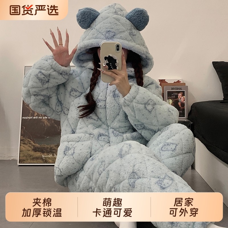 2025新款珊瑚绒睡衣女冬季三层夹棉套装可爱可外穿大码家居服外出