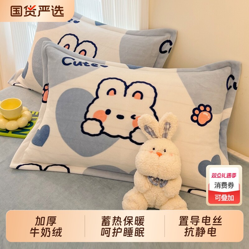 冬季加厚牛奶绒枕套一对装48x74家用卡通珊瑚绒枕头套单人枕芯套
