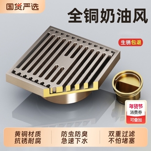 奶油风全铜地漏拉丝卫生间防虫臭浴室长条下水道大排量洗衣机两用