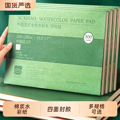 宝虹棉浆水彩纸300g水彩本四面封胶绘画本学院级画纸中粗纹儿童手绘画画专用纸手绘本儿童涂鸦绘画纸美术生用