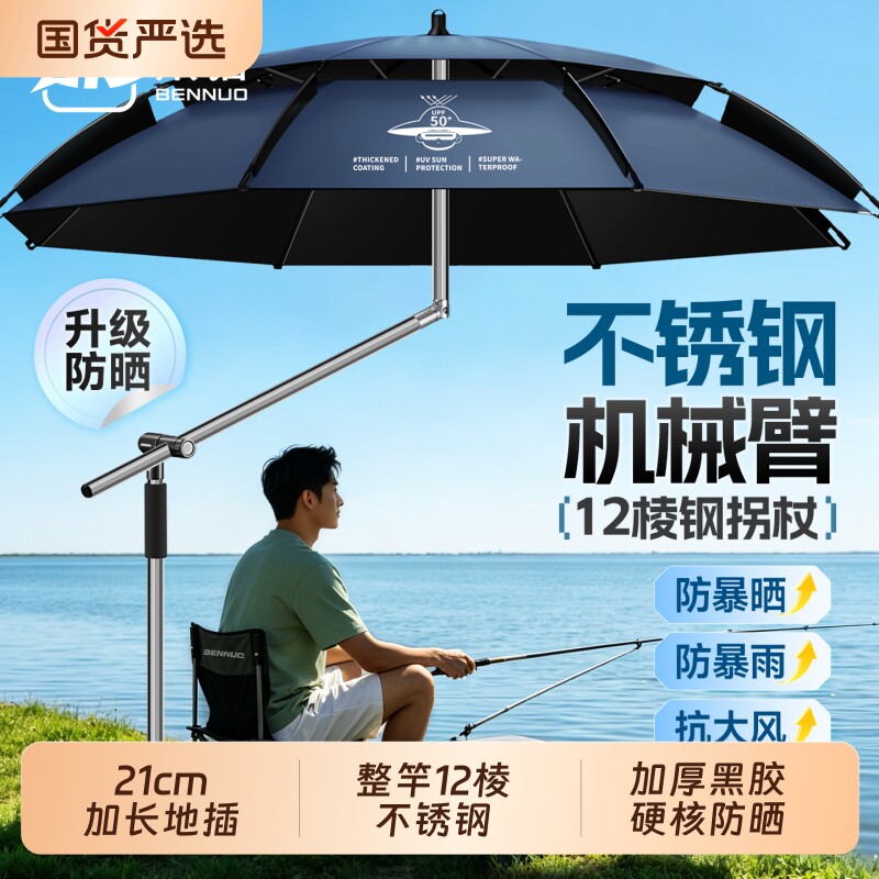 本诺钓鱼伞2026新款野钓专用钓伞防晒黑胶遮阳雨伞不锈钢机械拐杖