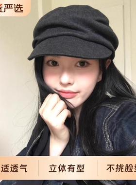日系山本风黑色褶皱贝雷帽女秋冬显脸小报童帽大头围百搭画家帽子