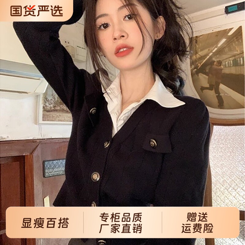 韩衣汐黑色假两件短款针织衫秋季新款polo领修身开衫上衣单穿毛衣