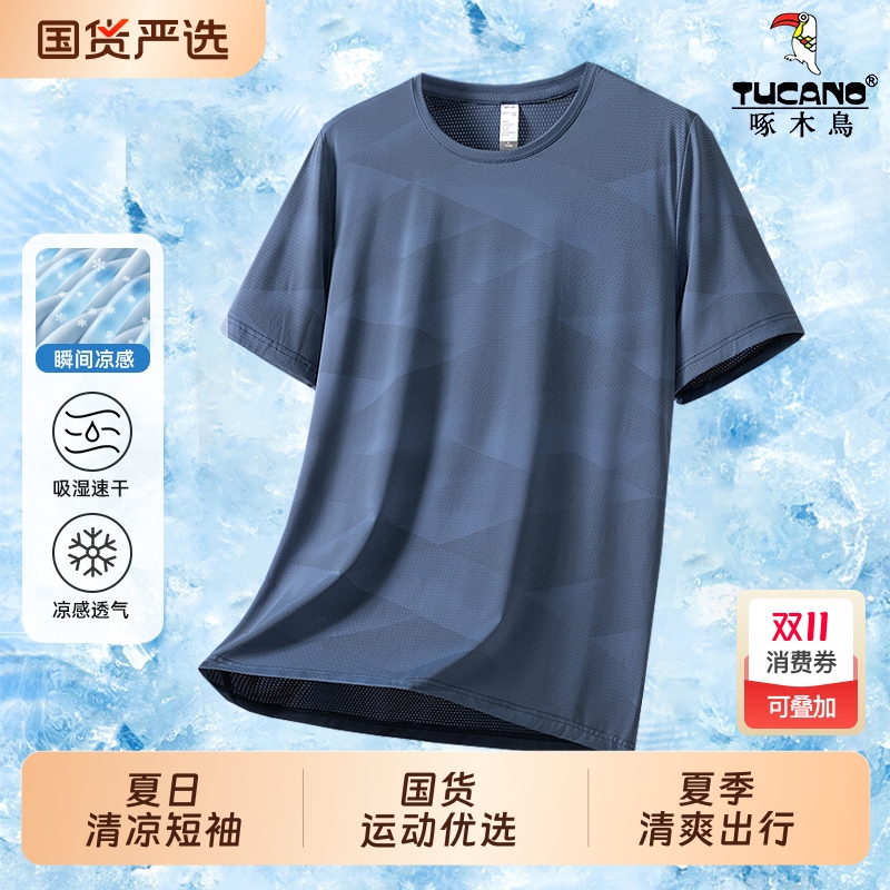 啄木鸟运动男士短袖t恤2025新款夏季男装大码夏装速干冰丝上衣男
