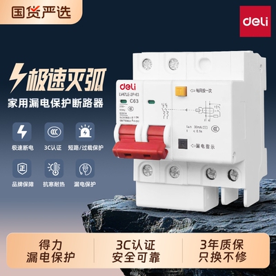 得力断路器家用空气开关漏电保护器2P63a电闸总空开带漏电保护器